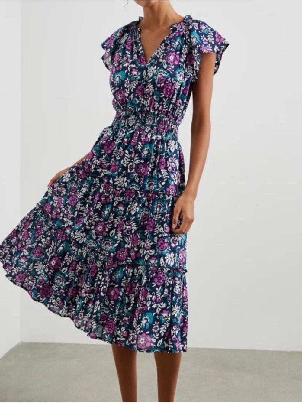 Rails Amellia Woodblock Floral Tiered Midi Dress Navy Pink Size M